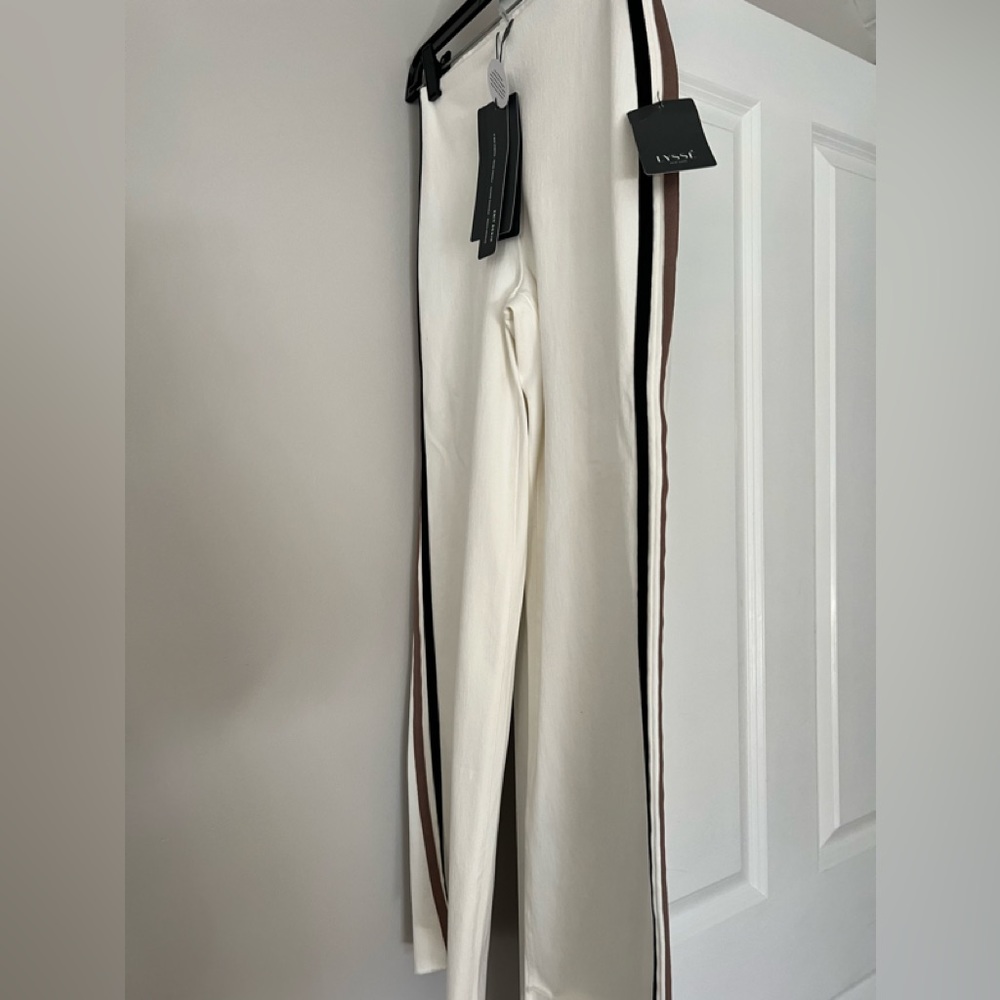 Brand new Lysee’ pull on pants cream with taupe and black stripe down side